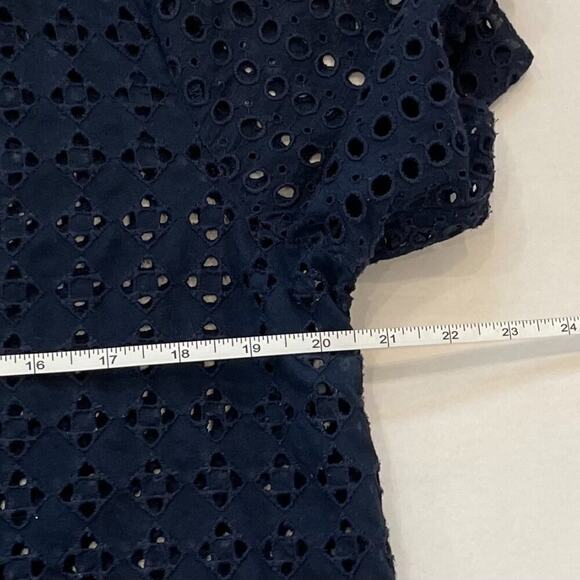LOFT Cotton Navy Short Sleeve Eyelet Shirt/Top/Blouse with Pom Pom Trim, L - Picture 7 of 8